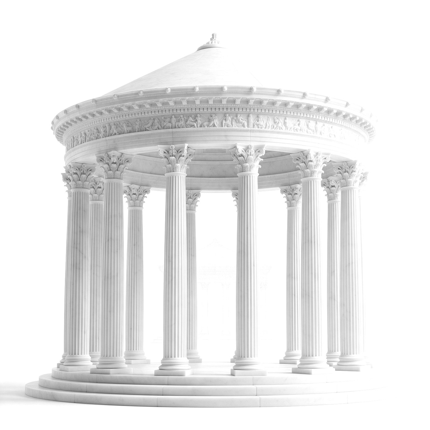 Templo circular grego em mármore, com colunas coríntias